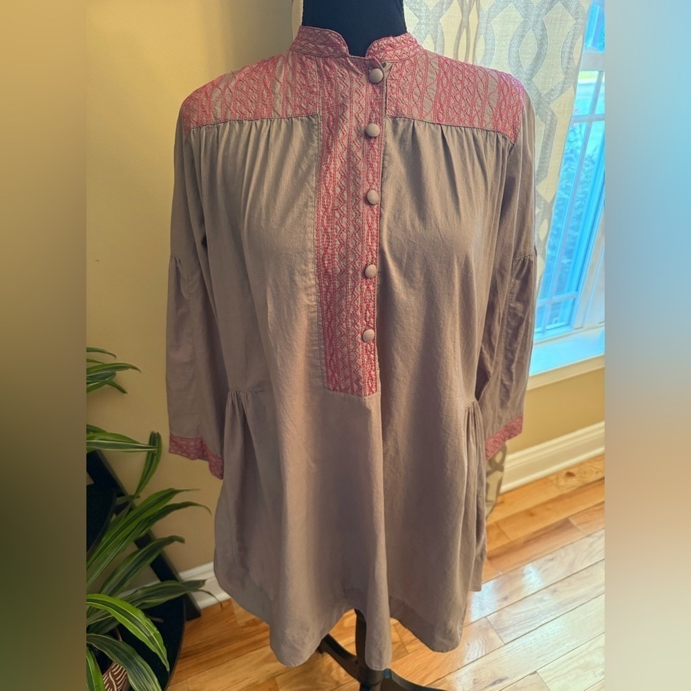 Roberta Roller Rabbit Brown/Pink Embroidered Cotton Shirt Dress Women’s Size S